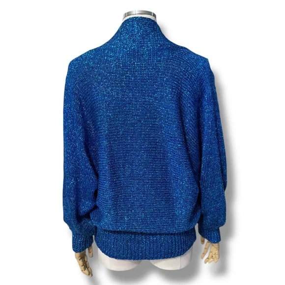 LILLIE RUBIN Metallic Blue Deep V Neck Sweater Dolman Sleeves VINTAGE